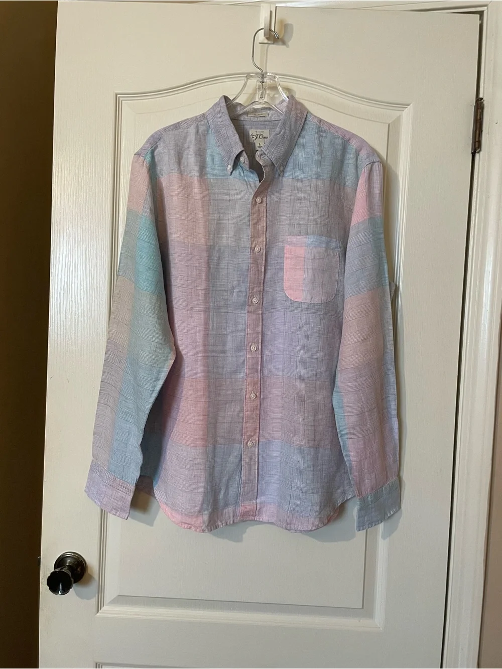 J.Crew Baird McNutt Linen Shirt Size L Pastel Plaid Classic Fit Coastal Preppy